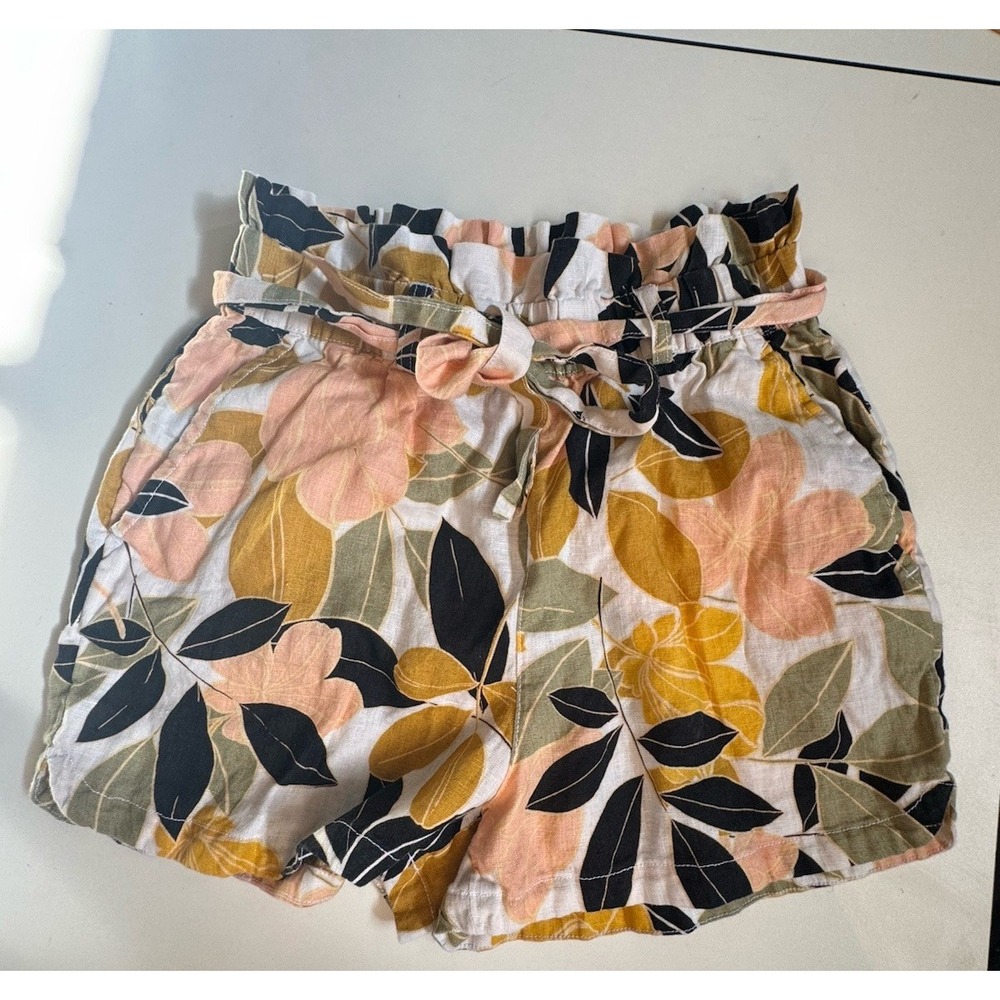 Rachel Zoe Linen High Waist Paperbag Shorts S Floral Leaf Print Belted Tropical